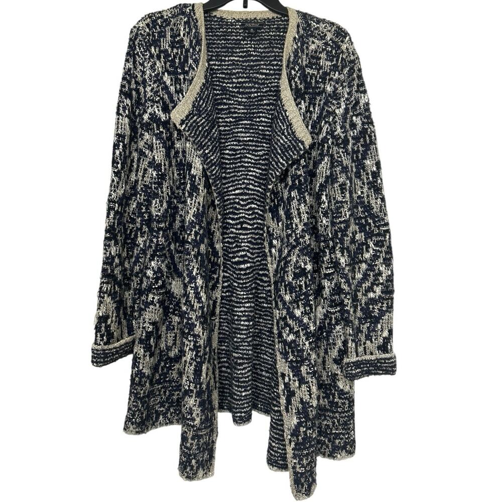 Lucky Brand XL Cotton Wool Blend Chunky Knit Open Front Cardigan Navy Cream Boho